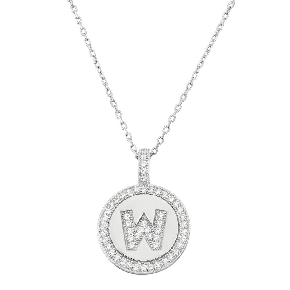 Sterling Silver Micro Pave Circle "W" Pendant W/Chain