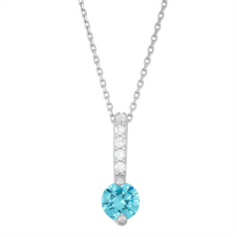 Sterling Silver Thin Bar with Round Stud CZ Pendent - Light Blue