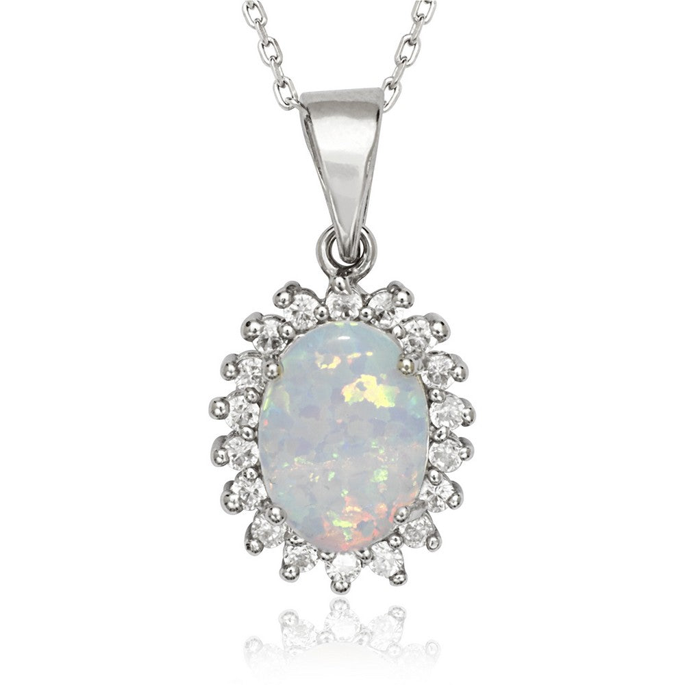 Sterling Silver Oval CZ with Center White Inlay Opal Pendant