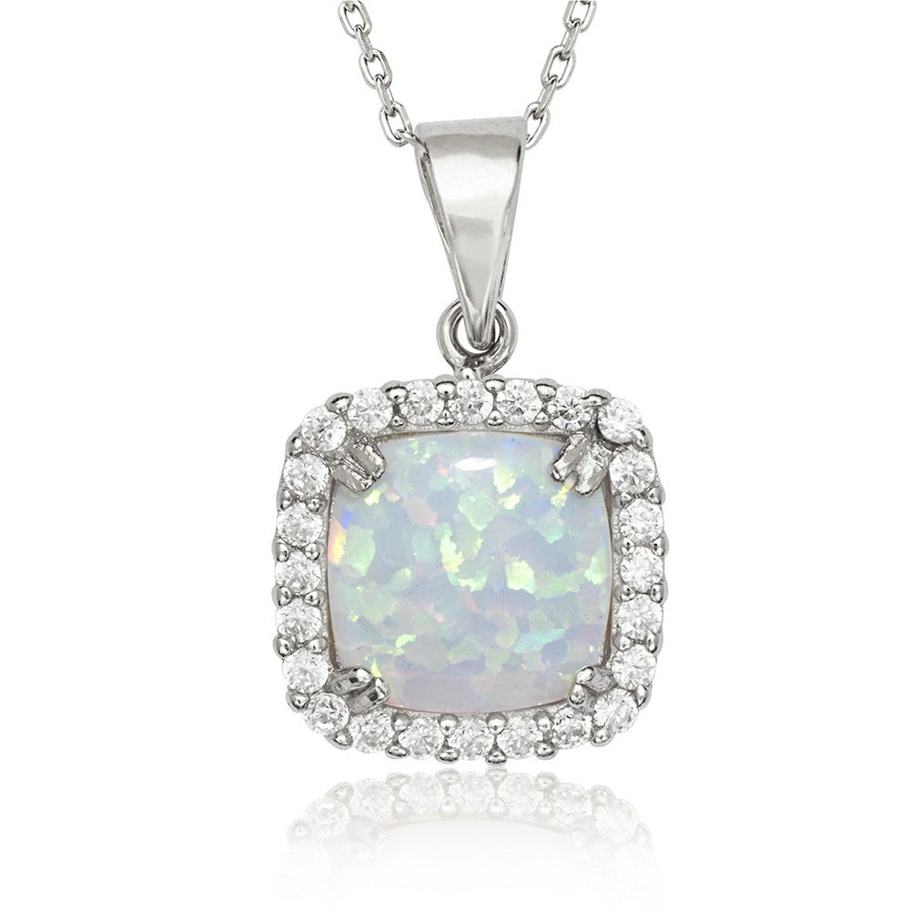 Sterling Silver Square CZ with Center White Inlay Opal Pendant