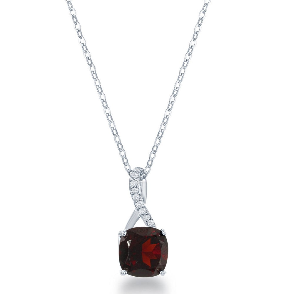 Sterling Silver White Topaz Pendant, with Square Gem - Garnet