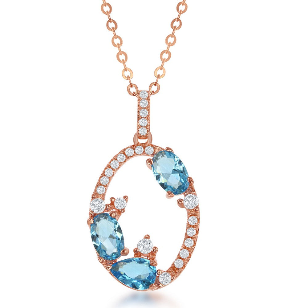 Sterling Silver Open Oval with CZ Border with Blue CZs Pendant - Rose Gold Plated