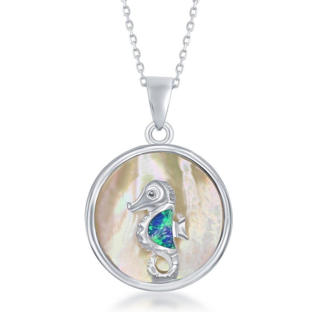 Sterling Silver Round MOP with Blue Inlay Opal Seahorse Pendant
