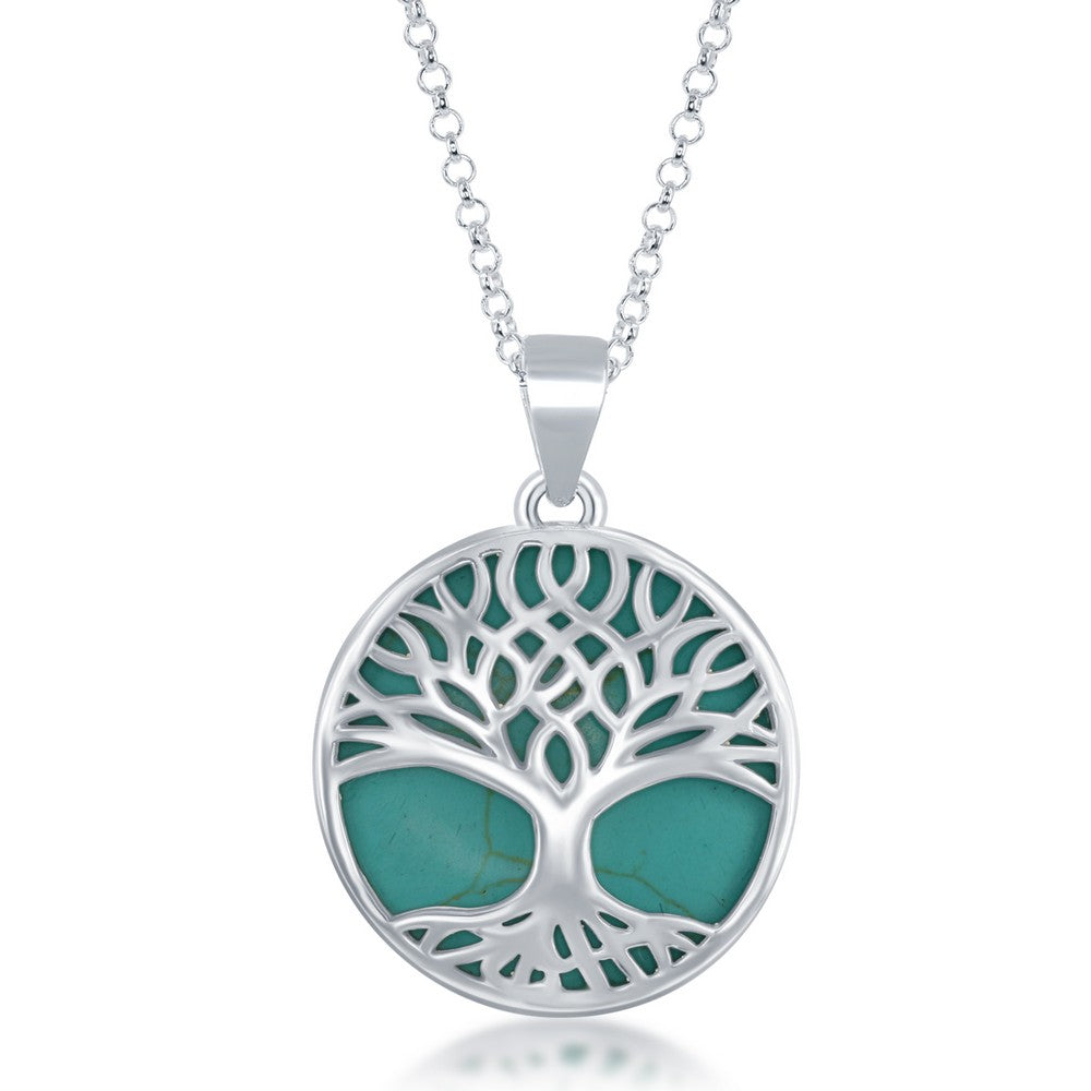 Sterling Silver Large Round Tree of Life Pendant W/Chain - Green Turquoise
