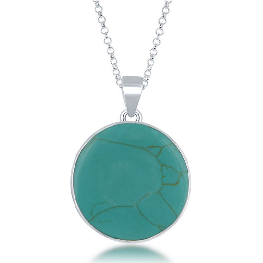 Sterling Silver Large Round Tree of Life Pendant W/Chain - Green Turquoise