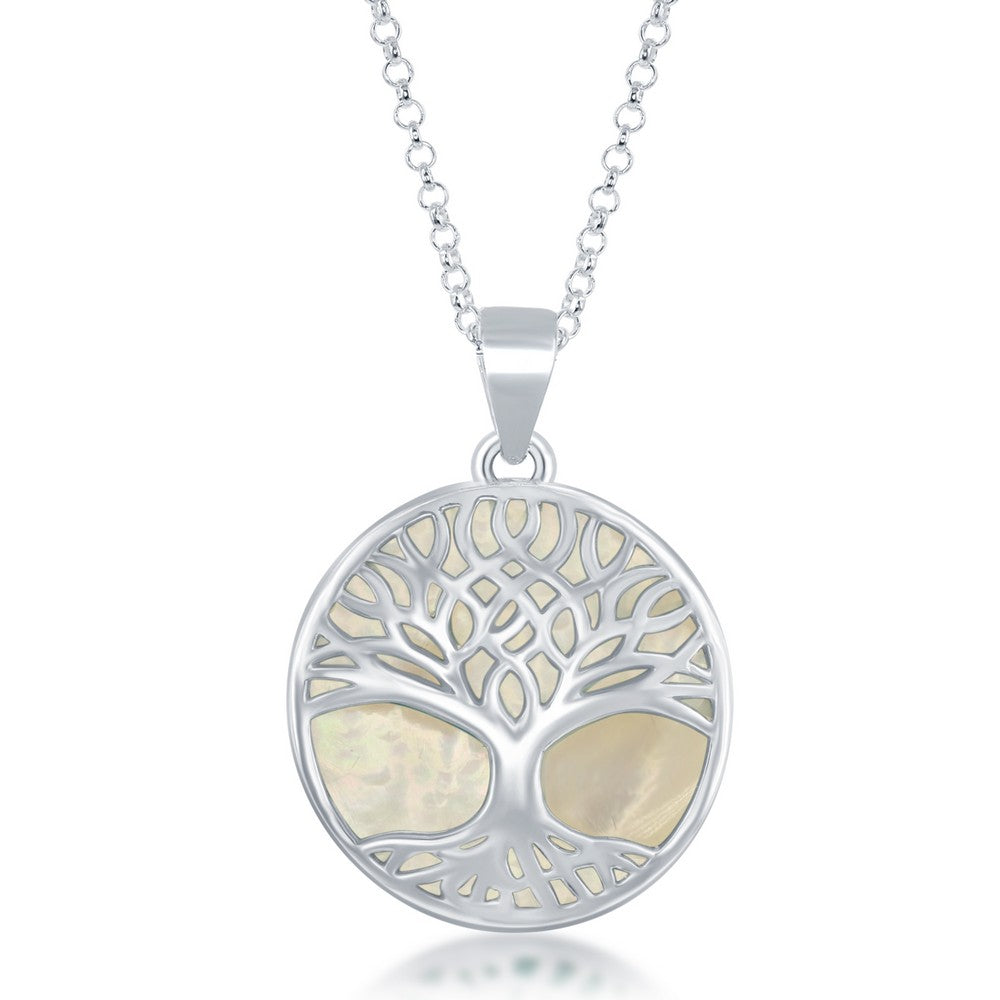 Sterling Silver Large Round Tree of Life Pendant W/Chain - White MOP