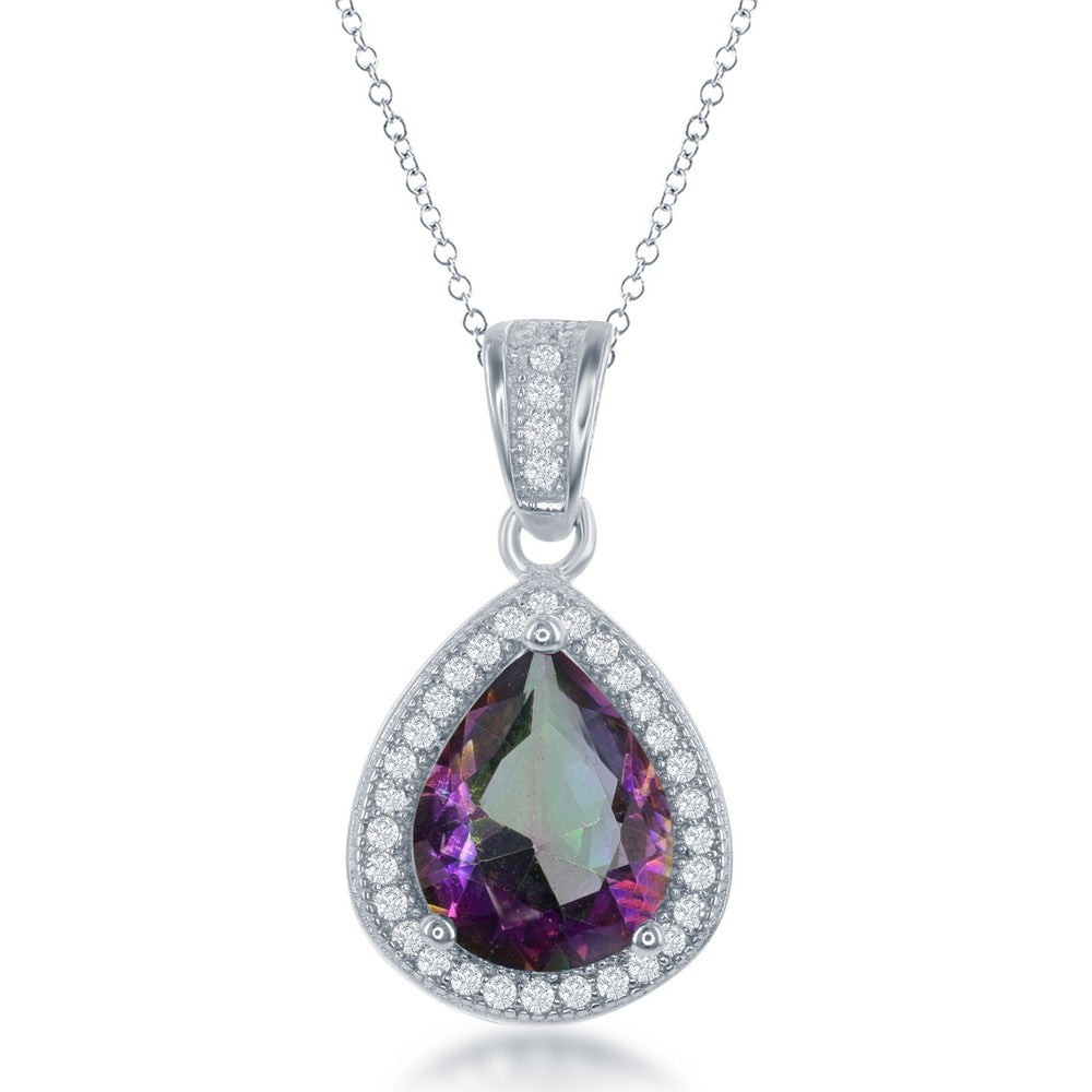 Sterling Silver CZ Teardrop Pendant - Simulated Rainbow