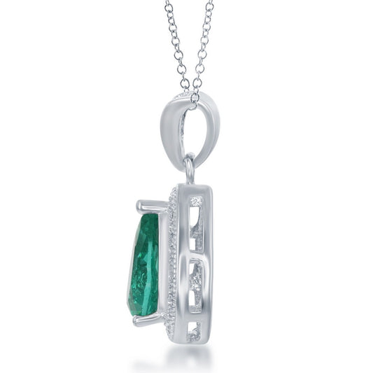 Sterling Silver CZ Teardrop Pendant - Simulated Emerald