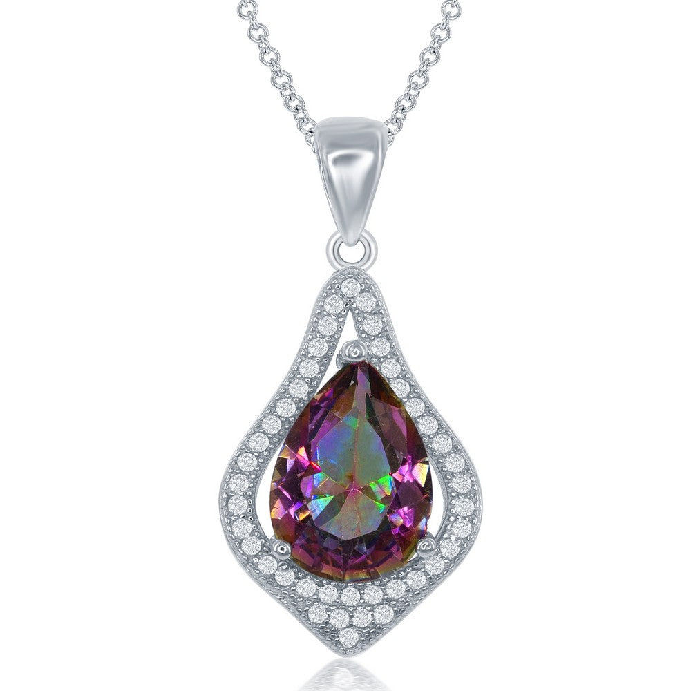 Sterling Silver Large Teardrop Simulated Rainbow with CZ Border Pendant