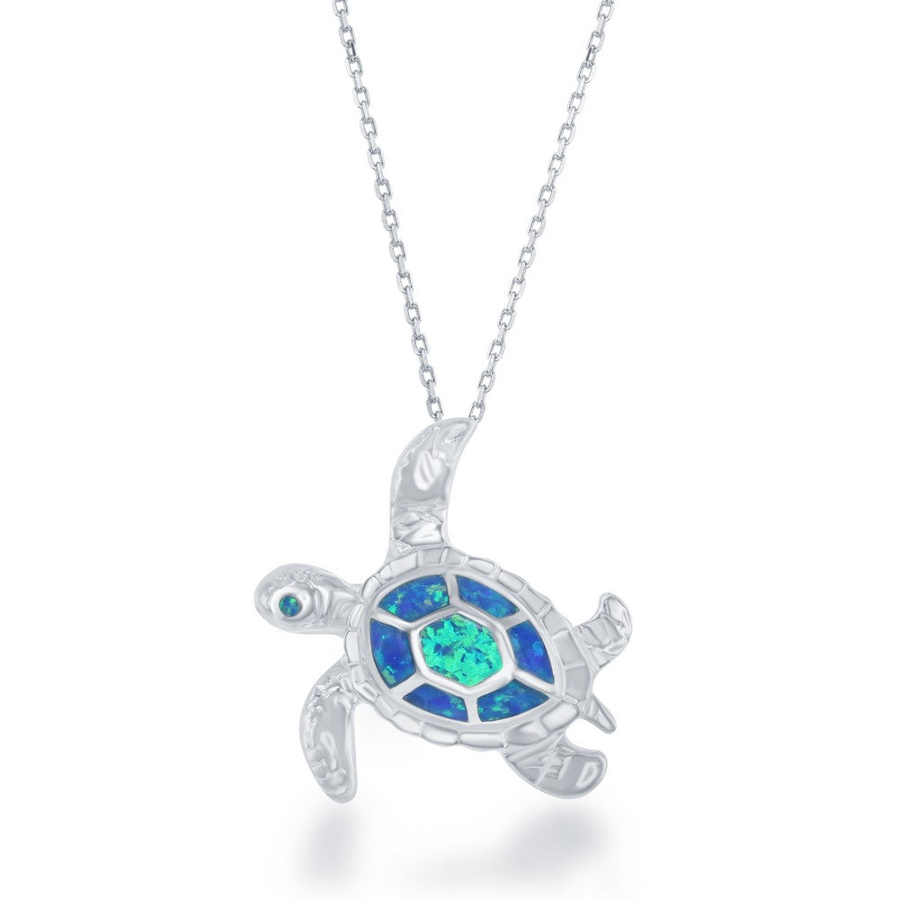 Sterling Silver, Blue Inlay Opal Turtle Pendant