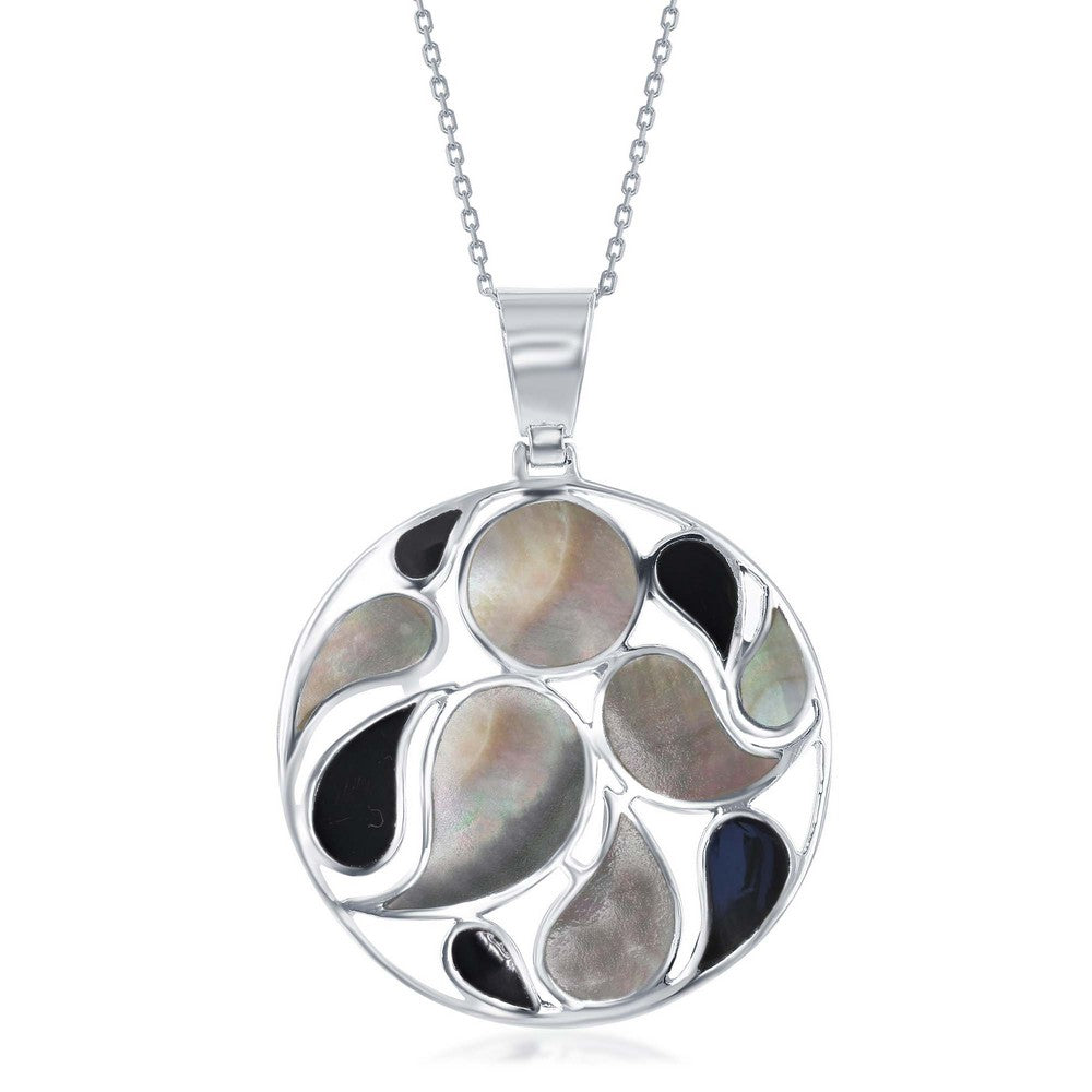 Sterling Silver Large Round Designed Abalone and Onyx Pendant
