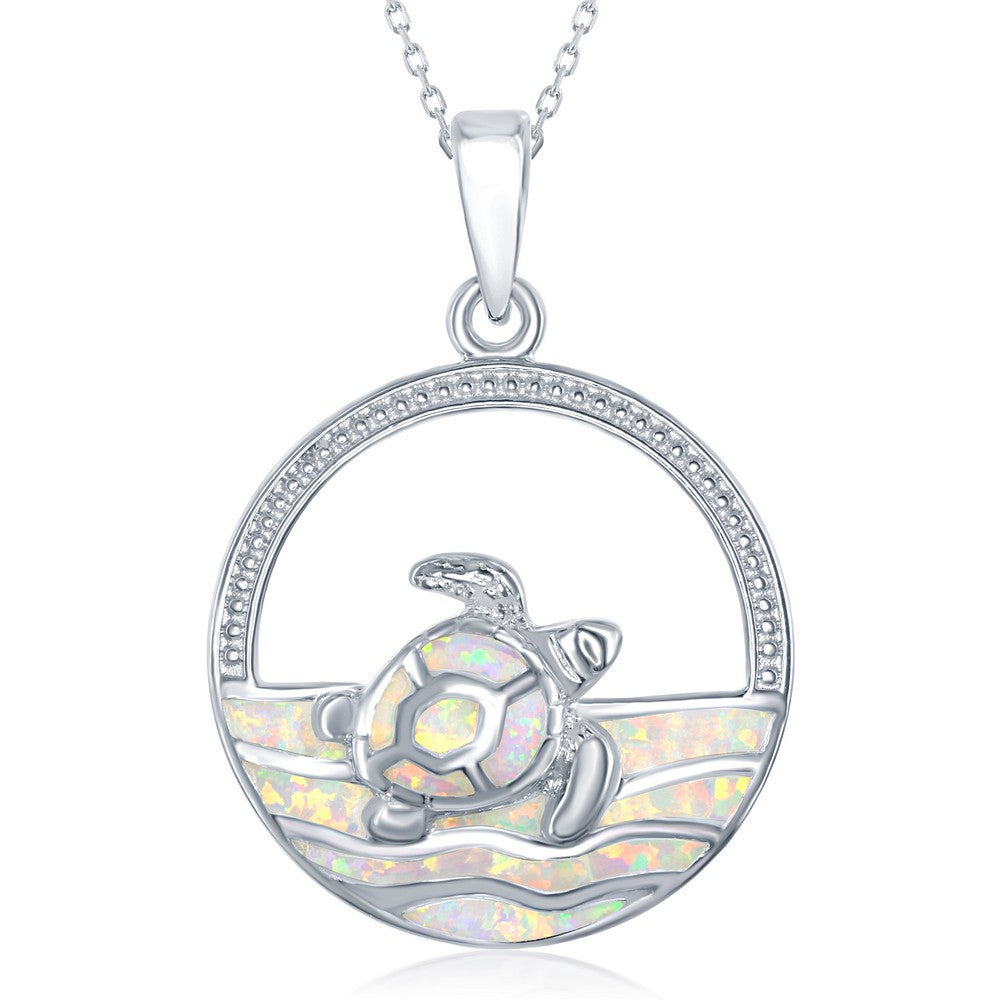Sterling Silver Open Circle with White Inlay Opal Waves with Turtle Pendant