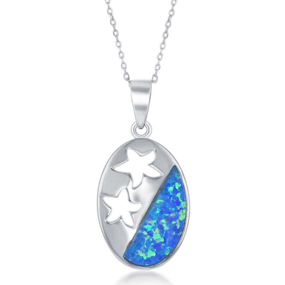 Sterling Silver Blue Inlay Opal with Starfish Cut Outs Oval Pendant