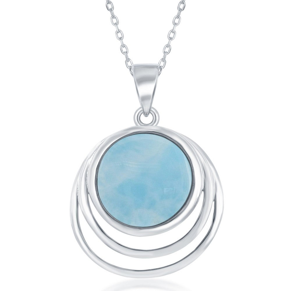 Sterling Silver Triple Wave Deisign Round Center Larimar Pendant