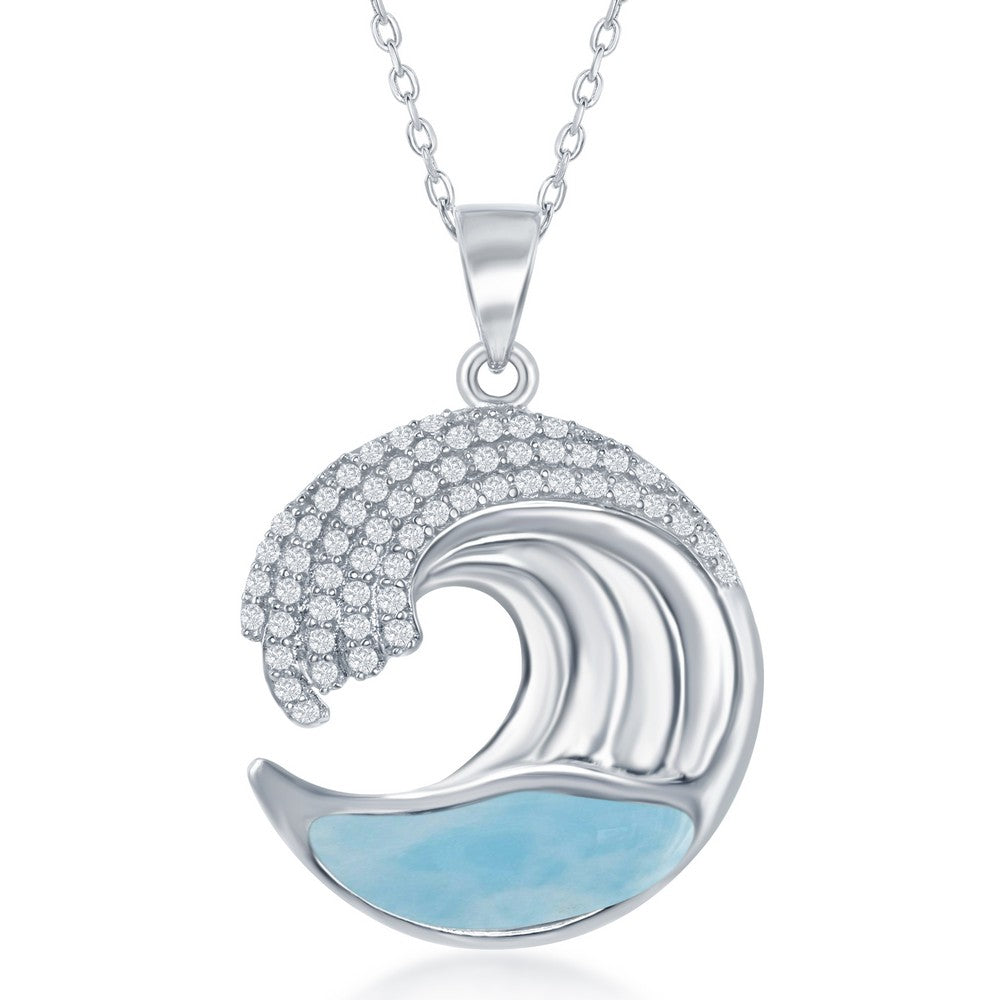 Sterling Silver Larimar Wave Design with CZ's Pendant