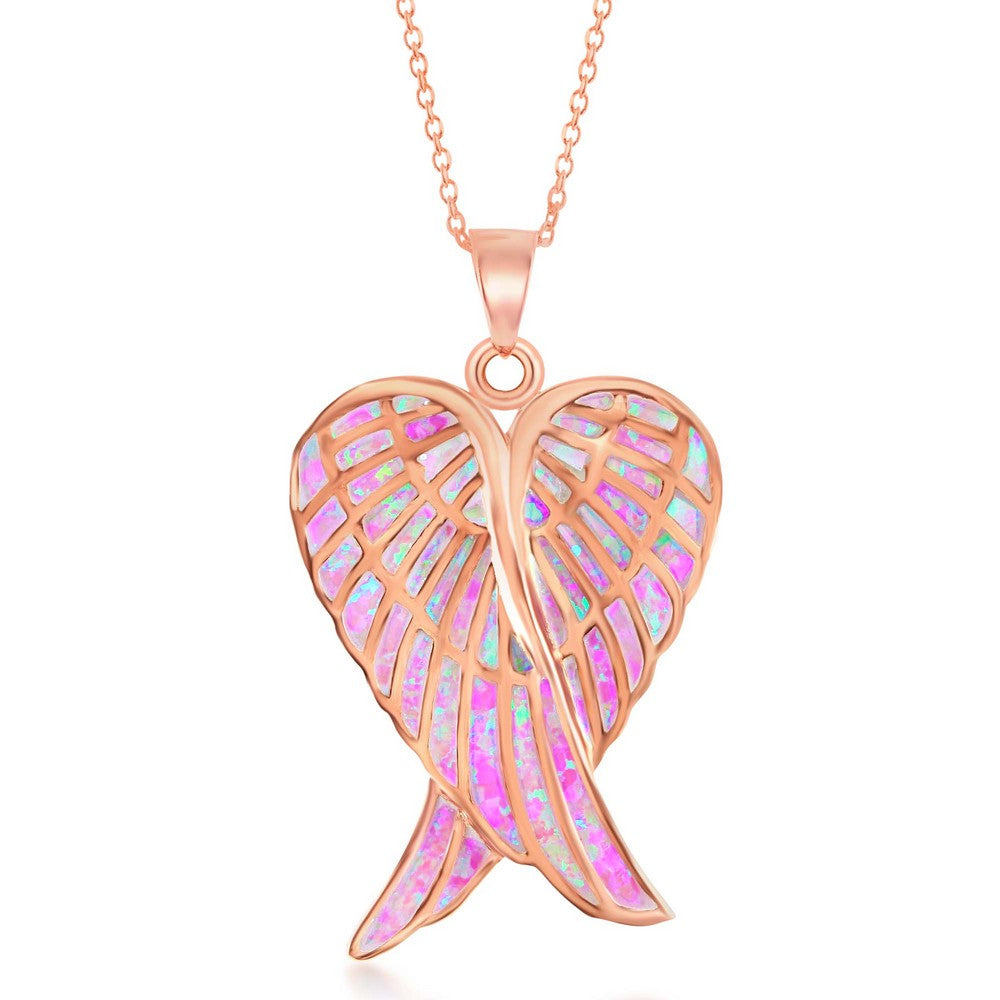 Sterling Silver Pink Inlay Opal Angel Wings Pendant - Rose Gold Plated