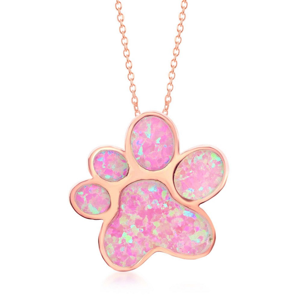 Sterling Silver Pink Inlay Opal Paw Print Pendant - Rose Gold Plated