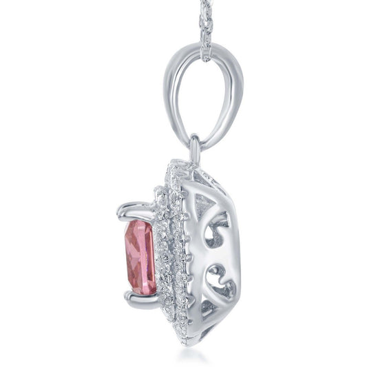 Sterling Silver Double CZ Square Border with Center Pink CZ Pendant
