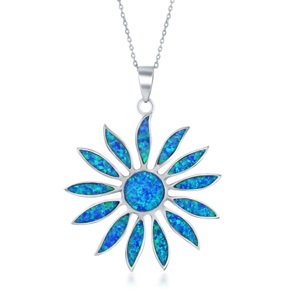 Sterling Silver Large Blue Inlay Opal Daisy Flower Pendant