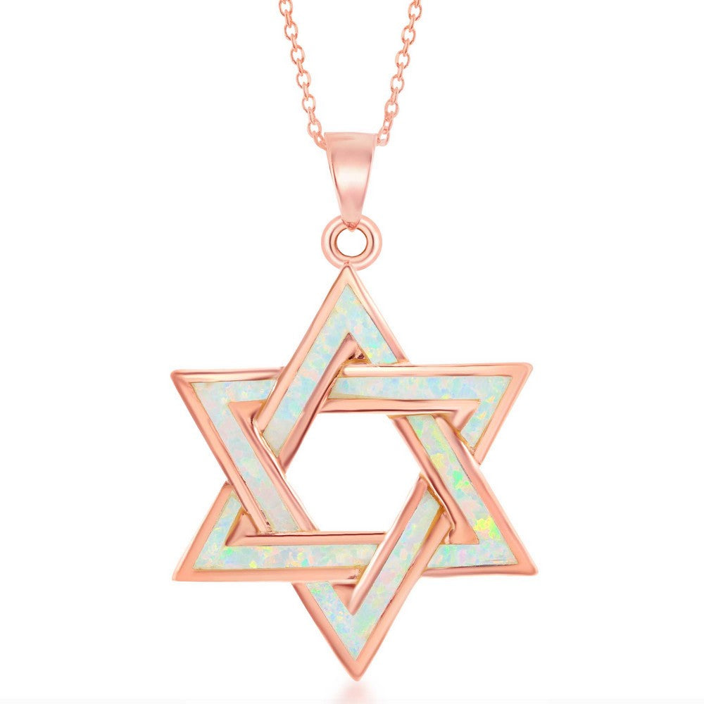 Sterling Silver Whtie Inlay Opal Star of David Pendant - Rose Gold Plated