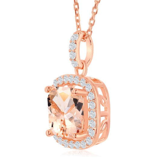 Sterling Silver Square Morganite CZ with White CZ Border Pendant - Rose Gold Plated