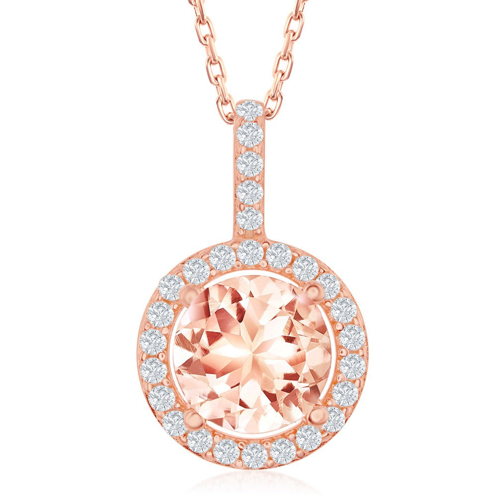 Sterling Silver Four-Prong Round Morganite CZ with White CZ Border Pendat - Rose Gold Plated