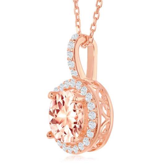 Sterling Silver Four-Prong Round Morganite CZ with White CZ Border Pendat - Rose Gold Plated