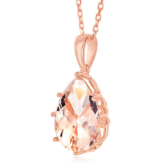 Sterling Silver Eight-Prong Pear-Shaped Morganite CZ Pendant - Rose Gold Plated