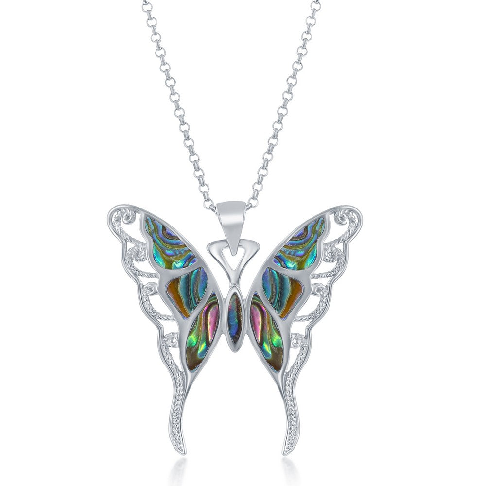 Sterling Silver, Large Abalone Butterfly Pendant w/Chain