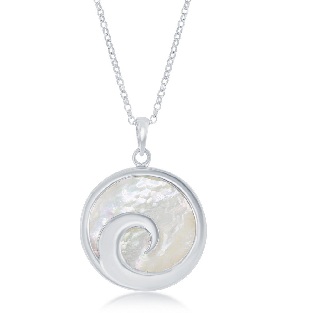 Sterling Silver Wave Design Round Mother of Pearl Pendant W/Chain
