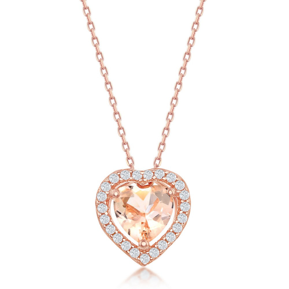 Sterling Silver Heart Morganite CZ with White CZ Border Pendant - Rose Gold Plated