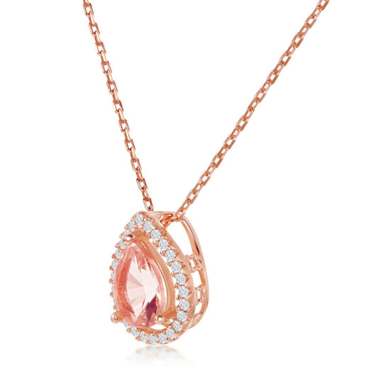 Sterling Silver Pear-Shaped Morganite CZ with White CZ Border Pendant - Rose Gold Plated