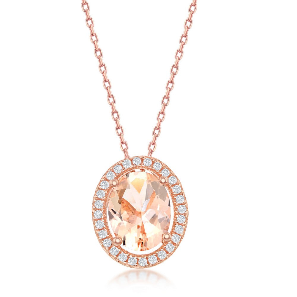 Sterling Silver Oval Morganite CZ with White CZ Border Pendant - Rose Gold Plated