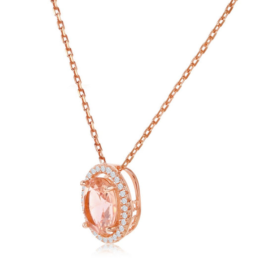 Sterling Silver Oval Morganite CZ with White CZ Border Pendant - Rose Gold Plated