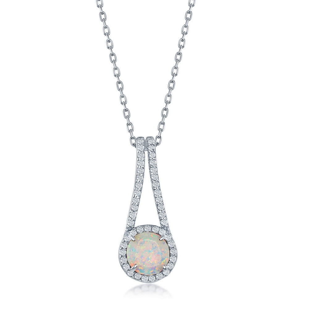 Sterling Silver Round White Opal with CZ Halo Long Pendant