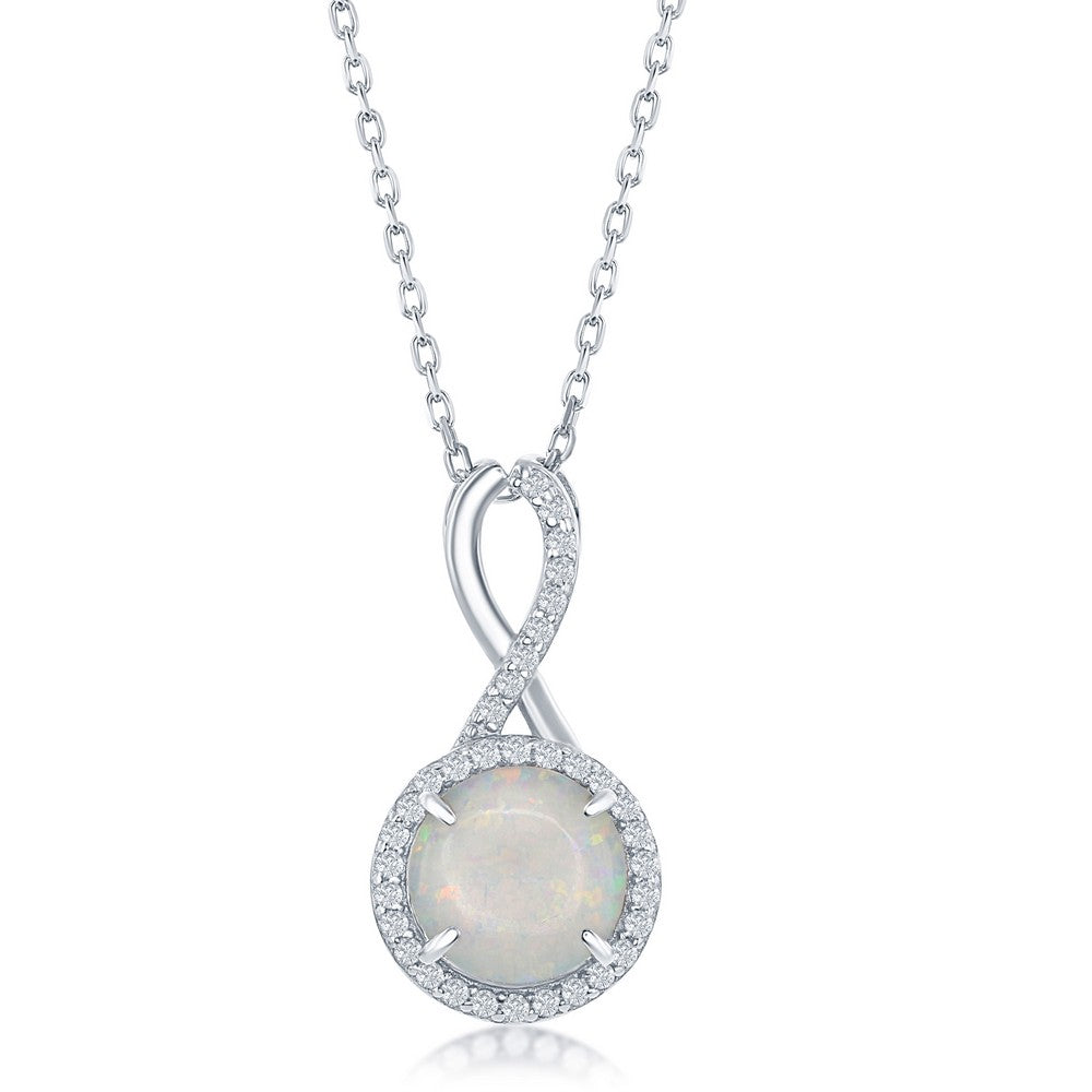 Sterling Silver Infinity Design Round White Opal with CZ Halo Pendant
