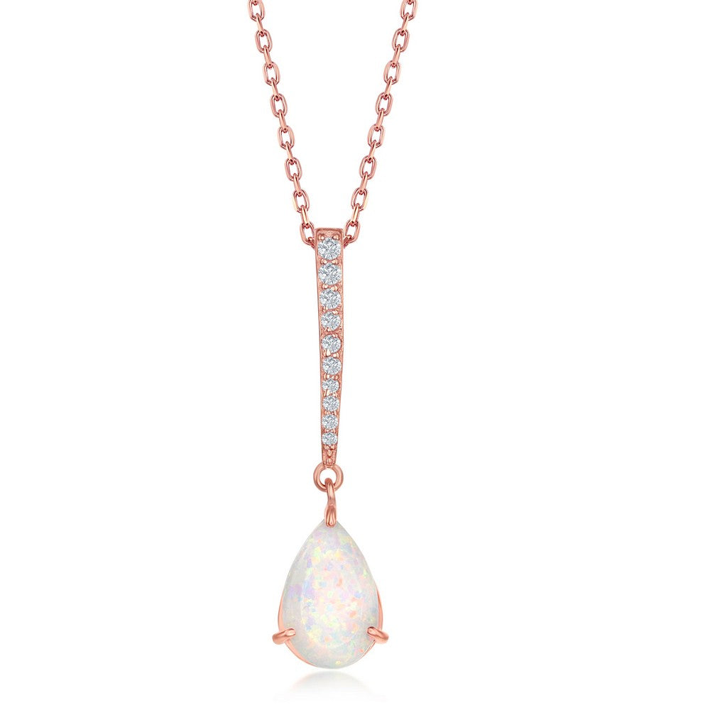 Sterling Silver CZ Bar with Pear-Shaped White Inlay Opal Pendant - Rose Gold Plated