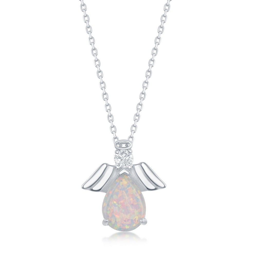 Sterling Silver Pear-Shaped White Opal with CZ Angel Pendant