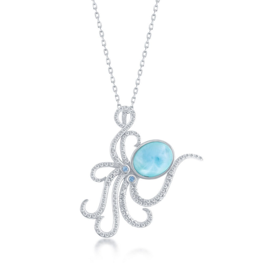 Sterling Silver Octopus Larimar and Blue CZ Pendant