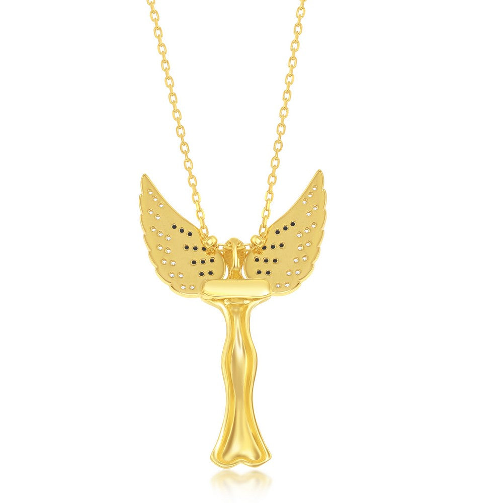 Sterling Silver CZ Angel Pendant W/Movable Wings - Gold Plated