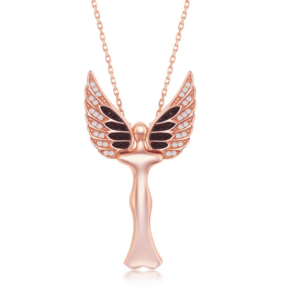 Sterling Silver CZ Angel Pendant W/Movable Wings - Rose Gold Plated