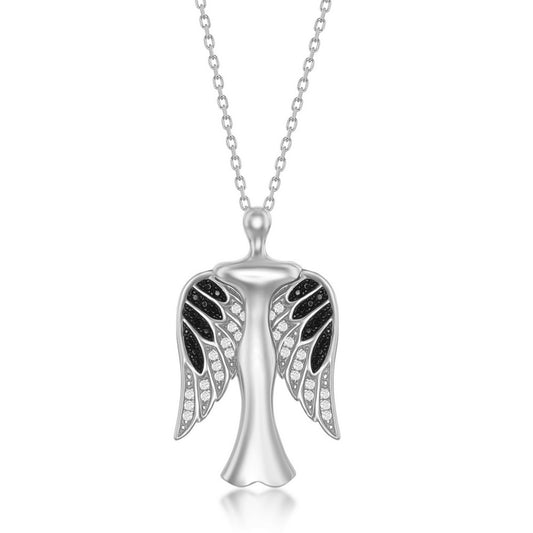 Sterling Silver CZ Angel Pendant W/Movable Wings - Rhodum Plated