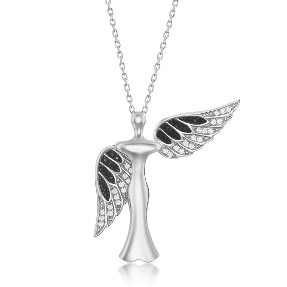 Sterling Silver CZ Angel Pendant W/Movable Wings - Rhodum Plated