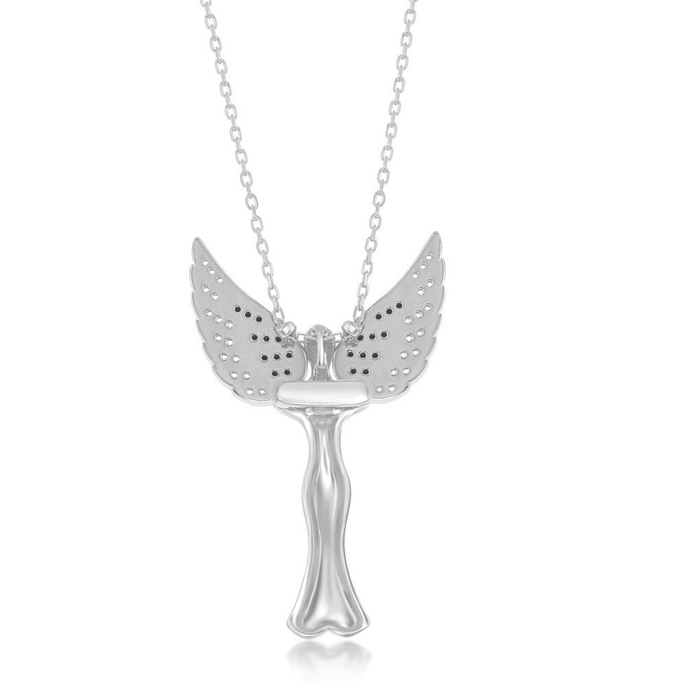 Sterling Silver CZ Angel Pendant W/Movable Wings - Rhodum Plated