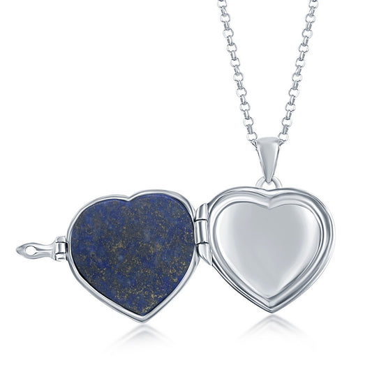 Sterling Silver, Designed Heart Locket w/Chain - Lapis
