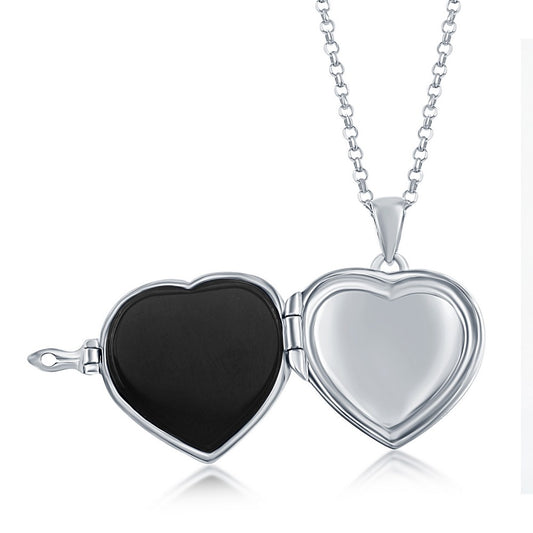 Sterling Silver Designed Heart Locket W/Chain - Black Agate