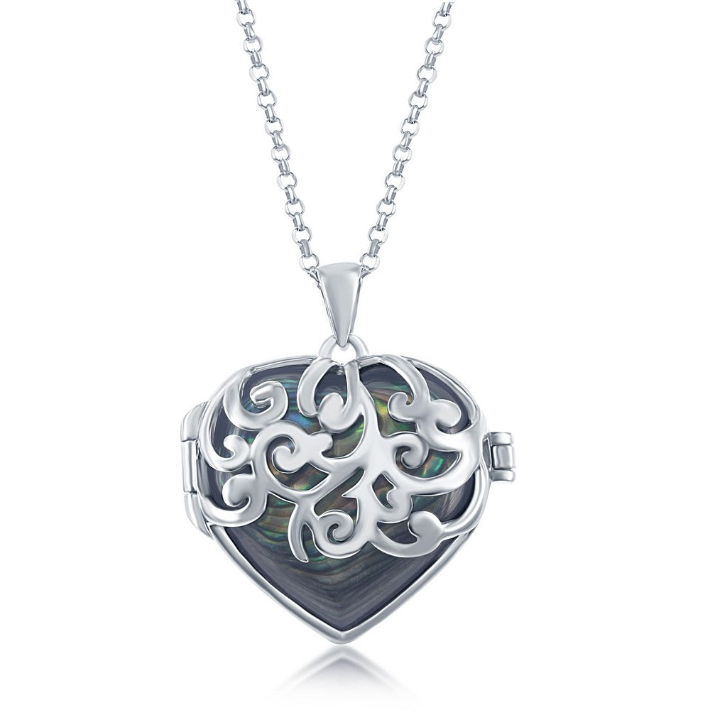 Sterling Silver Designed Heart Locket W/Chain - Abalone