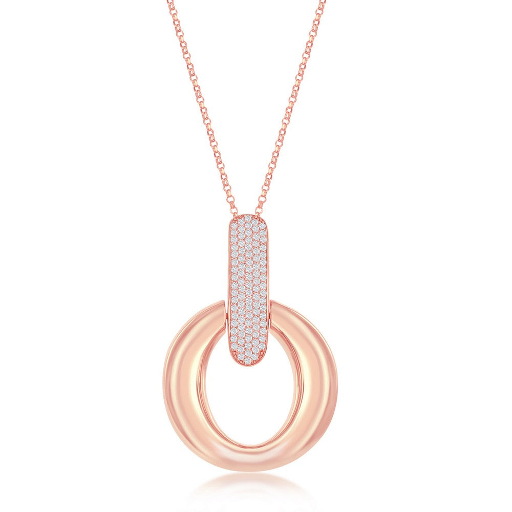 Sterling Silver Large Polished Door-Knocker Pave Pendant W/Chain - Rose Gold Plated