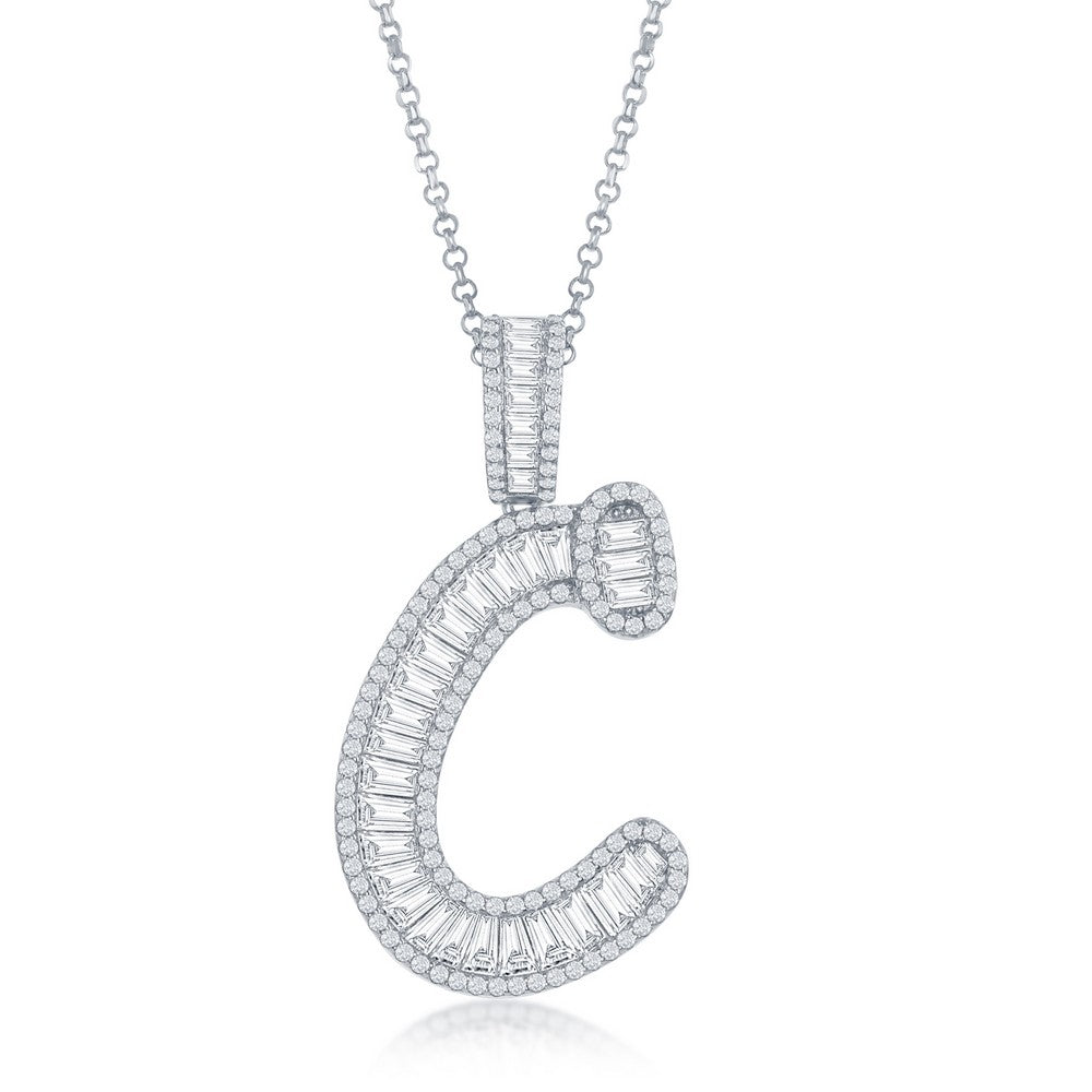 Sterling Silver Baguette CZ 'Extra Large' 'C' Initial Pendant W/Chain