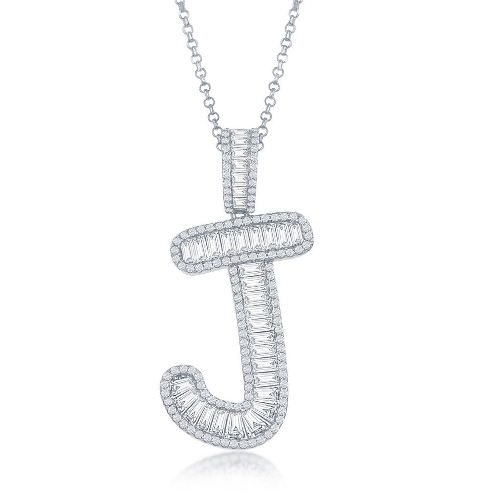 Sterling Silver Baguette CZ 'Extra Large' 'J' Initial Pendant W/Chain